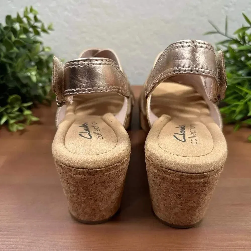 Clarks Giselle Glow Woven Leather Strappy Cork Wedge Sandals Rose Gold Size 8